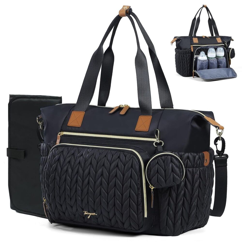 Tonyeee Large Quilted Diaper Bag Tote Black Hospital Travel Maternity Bag